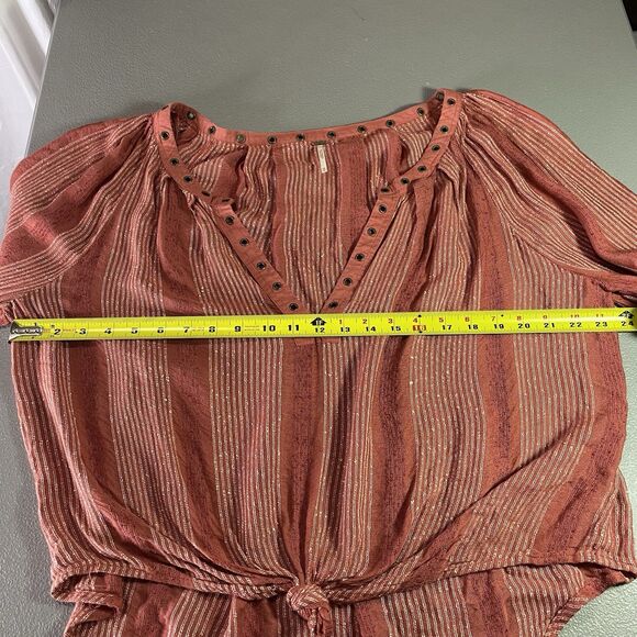 FREE PEOPLE Blouse V-Neck Rivets Tied Front Long Sleeve Boho Chic Womens M Red - Picture 5 of 10